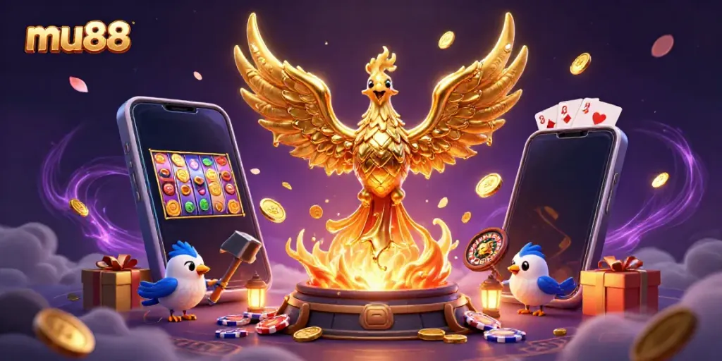 Experience the stunning world of mu88 with vibrant gaming elements and a dynamic phoenix illustration.