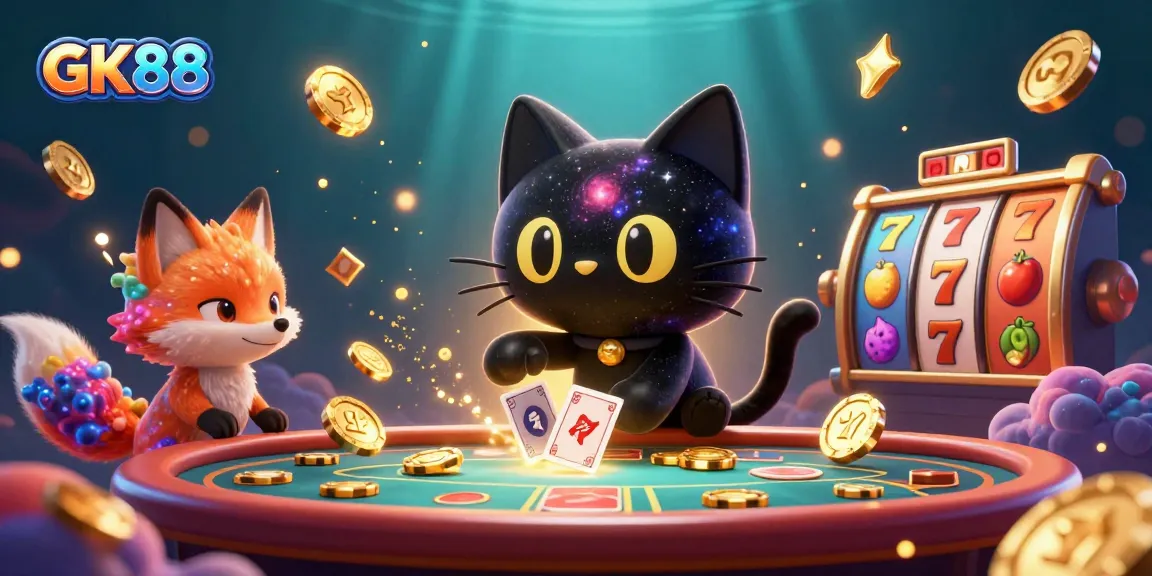 Engage in thrilling casino action with GK88 as a black hole cat charms golden chips from a cosmic table.