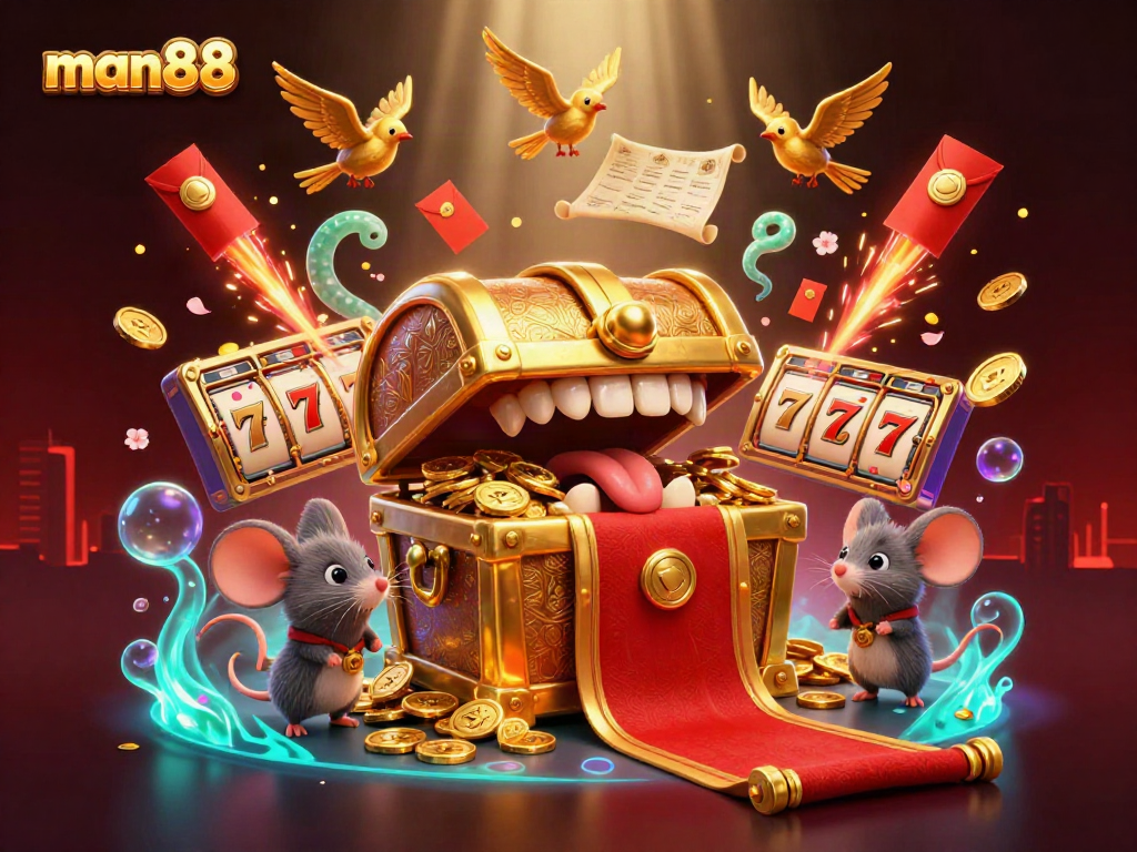 Experience thrilling slot adventures with man88's rich treasure-themed illustration, showcasing vibrant animations and dynamic gameplay.