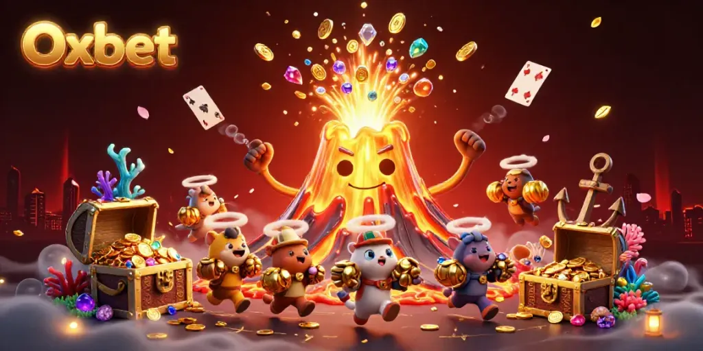 Engage with Oxbet's thrilling adventures as a golden volcano erupts coins and treasures in an exciting gambling scene.