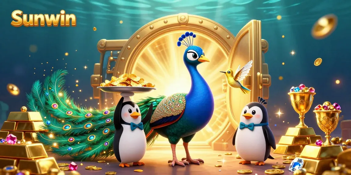 Engage with Sunwin's vibrant 3D casino scene of the peacock, butler penguin, and golden treasures.