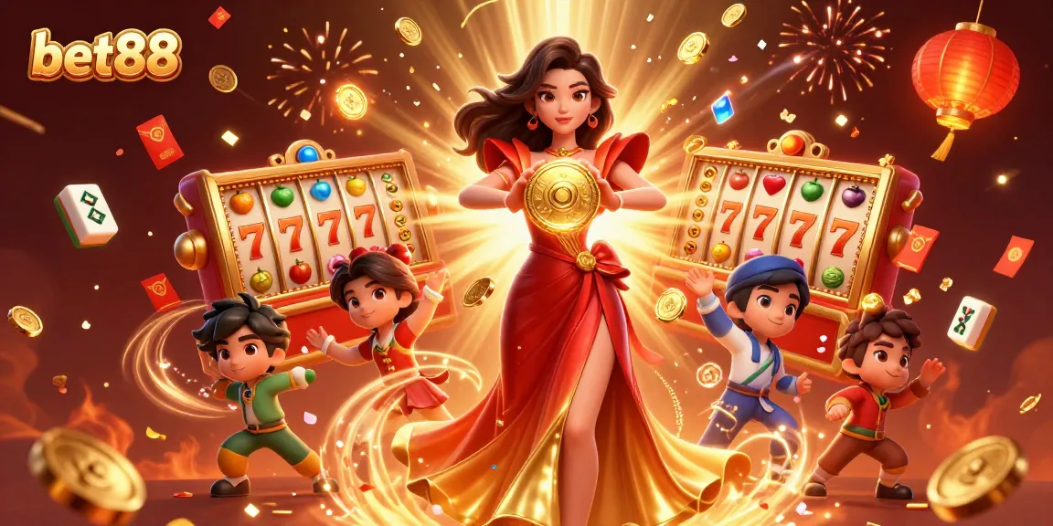 Play exciting casino games with bet88, featuring vibrant slot reels and golden coins.