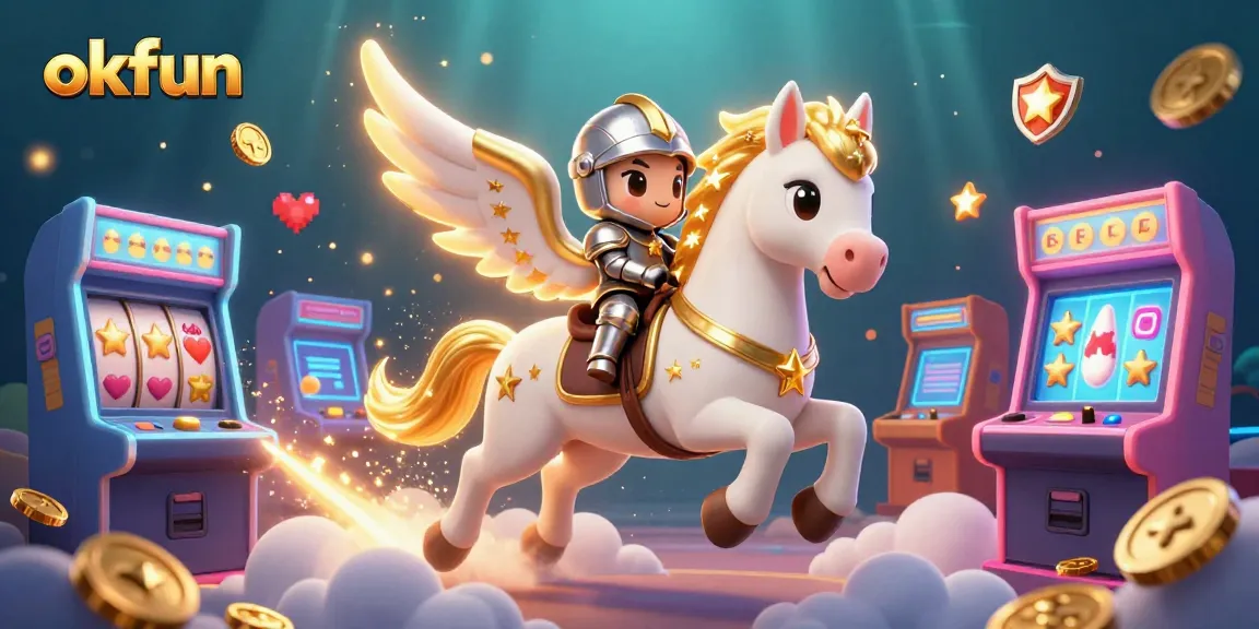 okfun offers an exhilarating gaming experience with an armored knight and a celestial horse in a dynamic casino scene.