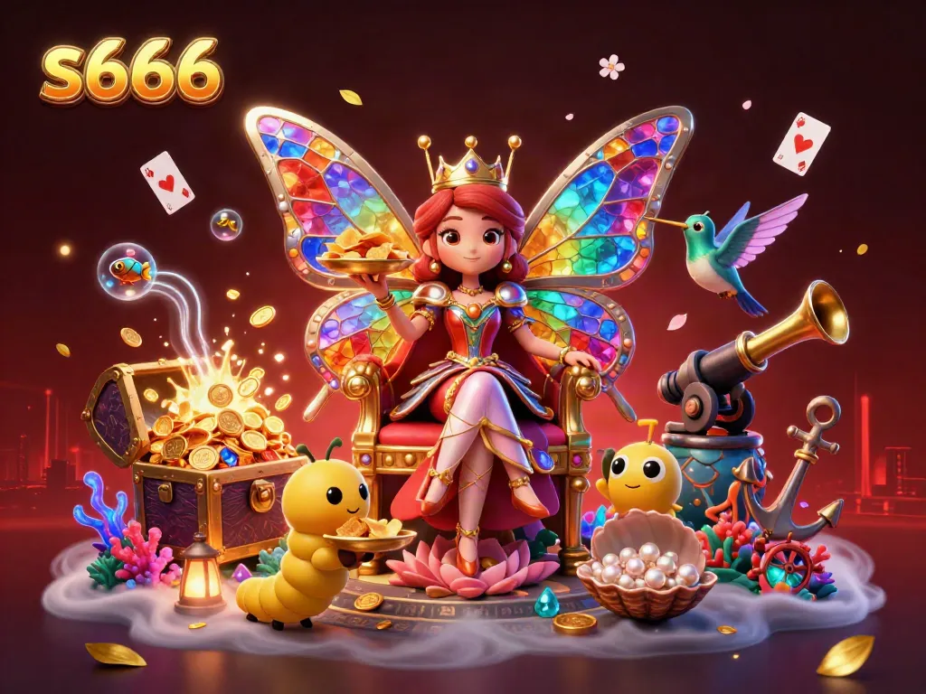 Engage with various games at s666 casino featuring a vibrant butterfly queen and golden treasures.