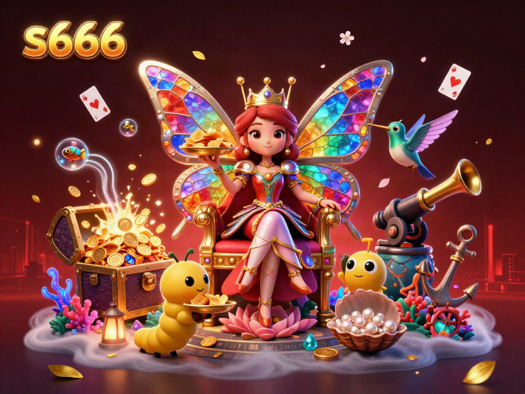 Engage with various games at s666 casino featuring a vibrant butterfly queen and golden treasures.