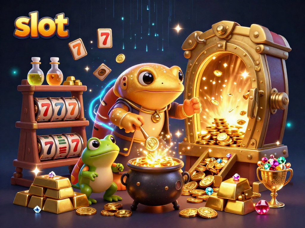 Spin the slot reels with vibrant gold elements in a captivating 3D alchemy scene.