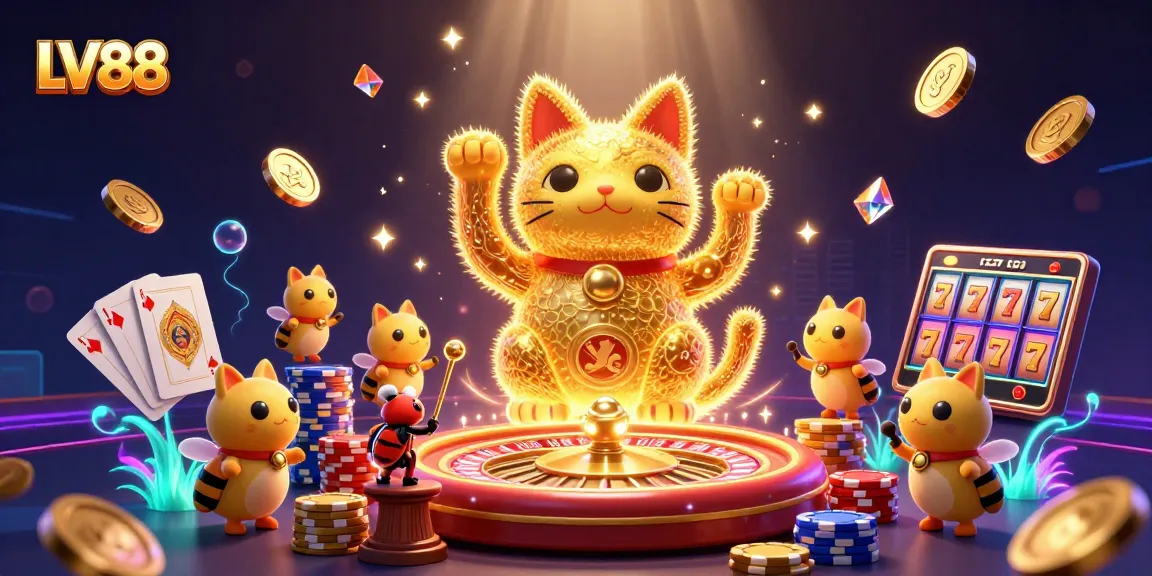 Experience the thrill of LV88 with a lucky cat and vibrant casino elements.