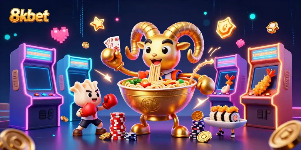 Watch the 8xbet ramen bowl character stacking chips in a lively casino scene.