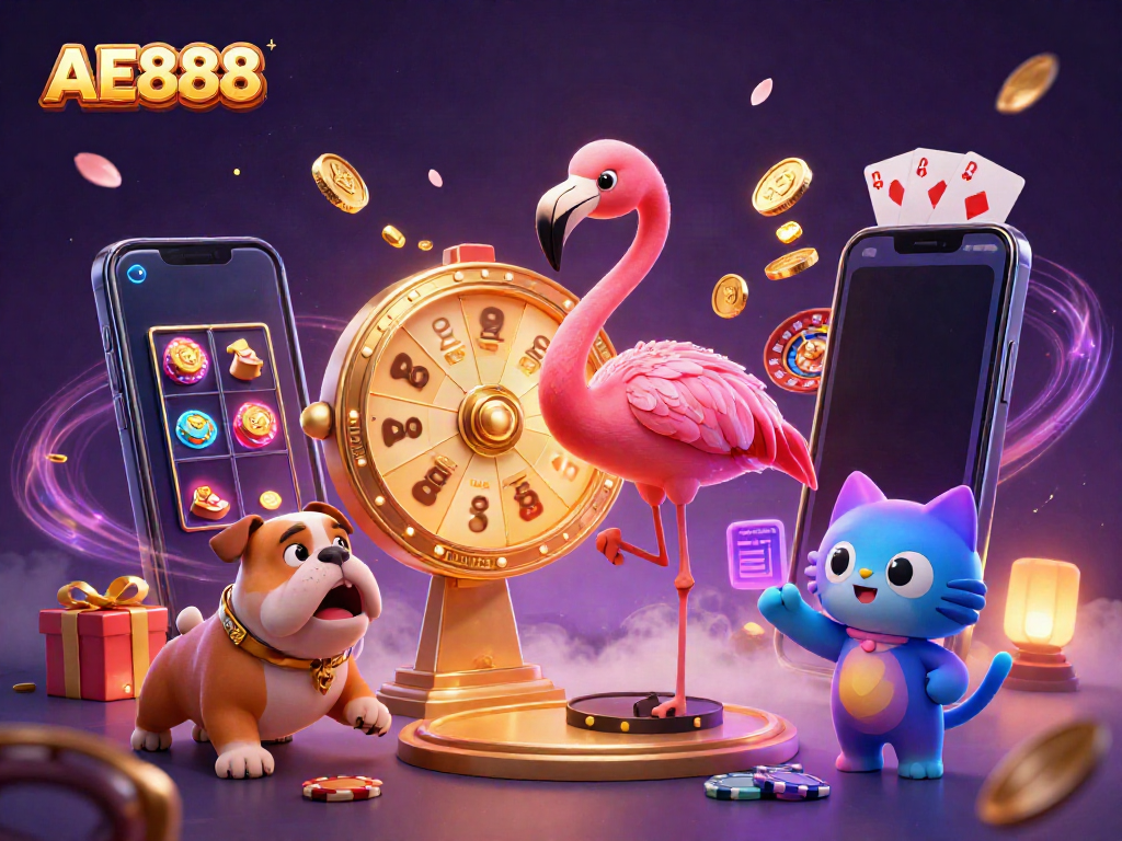 Spin to win with AE888 at this vibrant casino-themed illustration showcasing excitement and prizes.