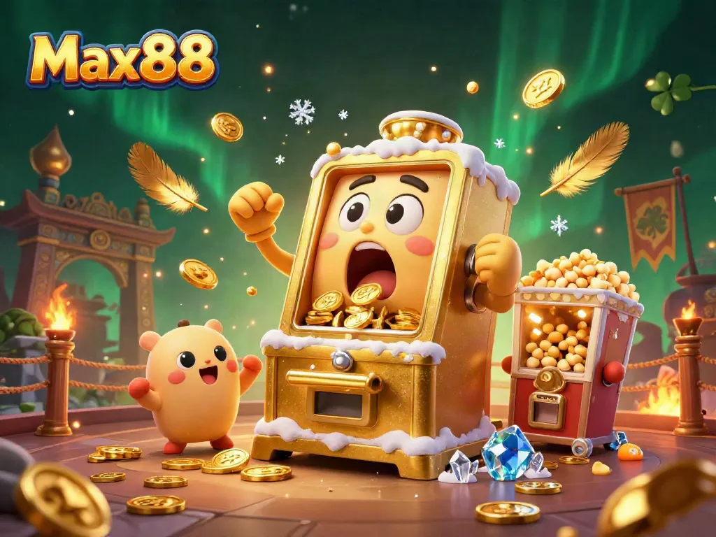Celebrate wins at Max88 with a vibrant 3D casino scene featuring a joyful slot machine and cheering mini versions.