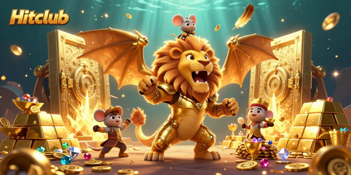 Hitclub showcases a golden chimera in armor, surrounded by treasure, gems, and casino elements.