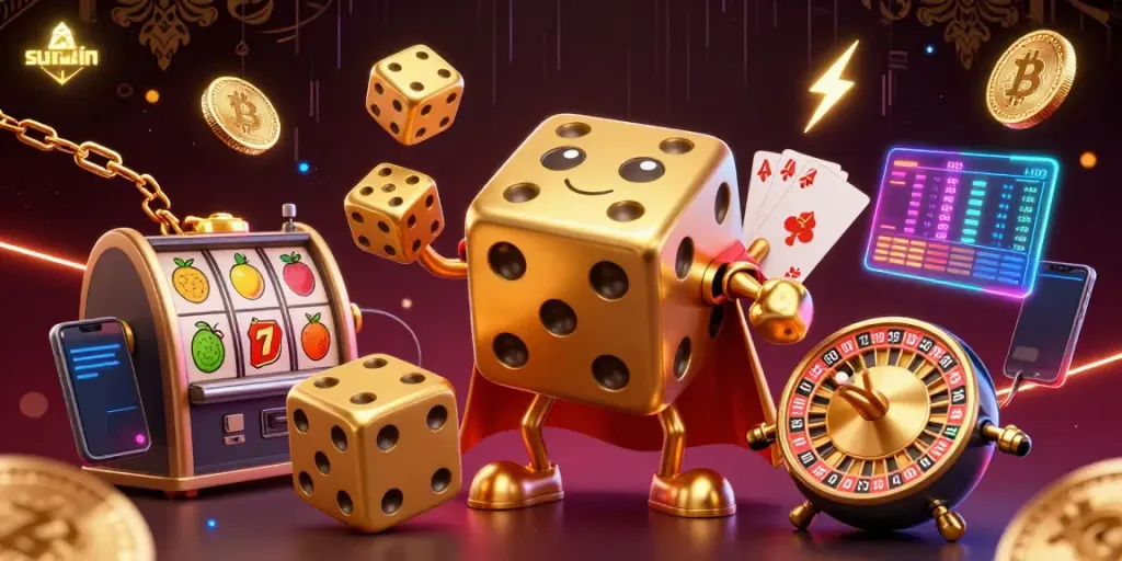 Experience thrilling entertainment with the dynamic sunwin casino scene featuring a lively golden dice golem.