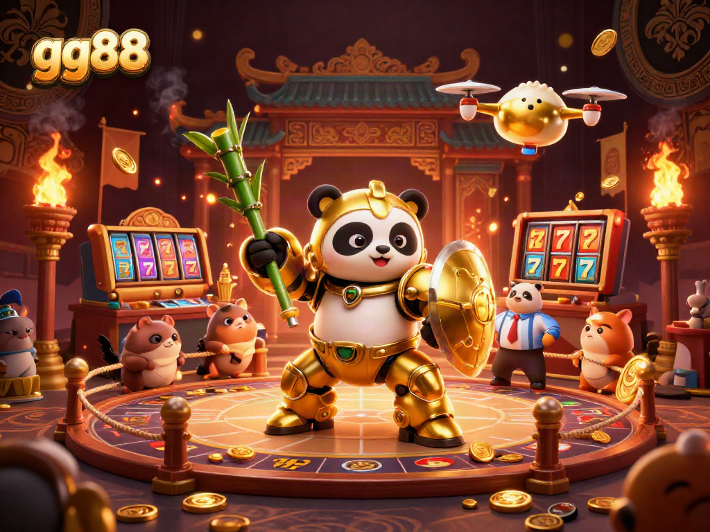 Experience thrilling gameplay at gg88 with a golden panda battling in a vibrant casino arena.