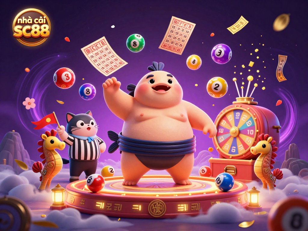 Engage with nhà cái sc88 through a lively lottery scene featuring a unique fugu character.