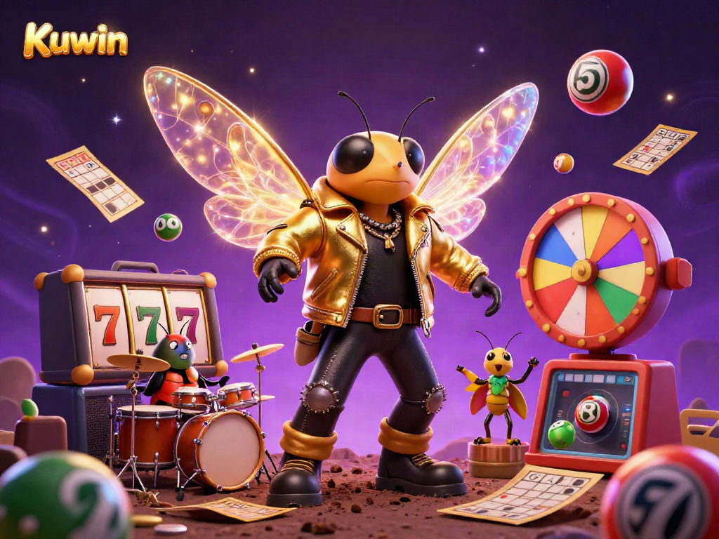 Kuwin gambling scene featuring vibrant cartoon characters celebrating with slots, bingo, and vibrant balls.