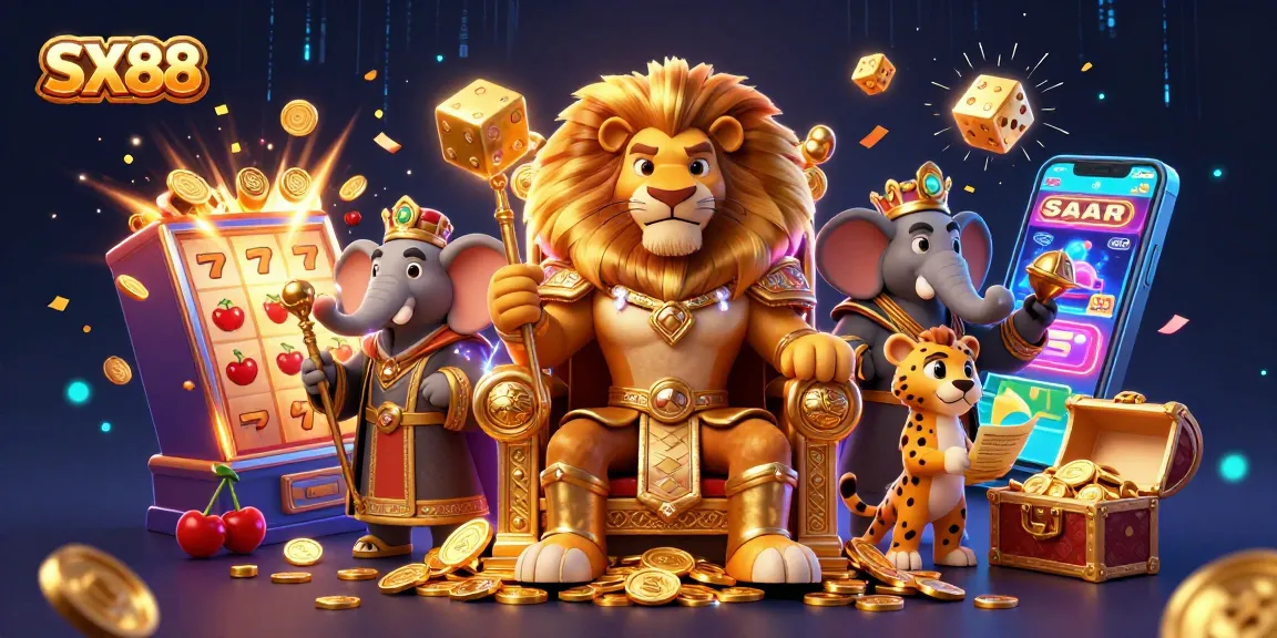 SX88 ignites excitement with vibrant scenes of winnings from a slot machine and dynamic gambling characters.