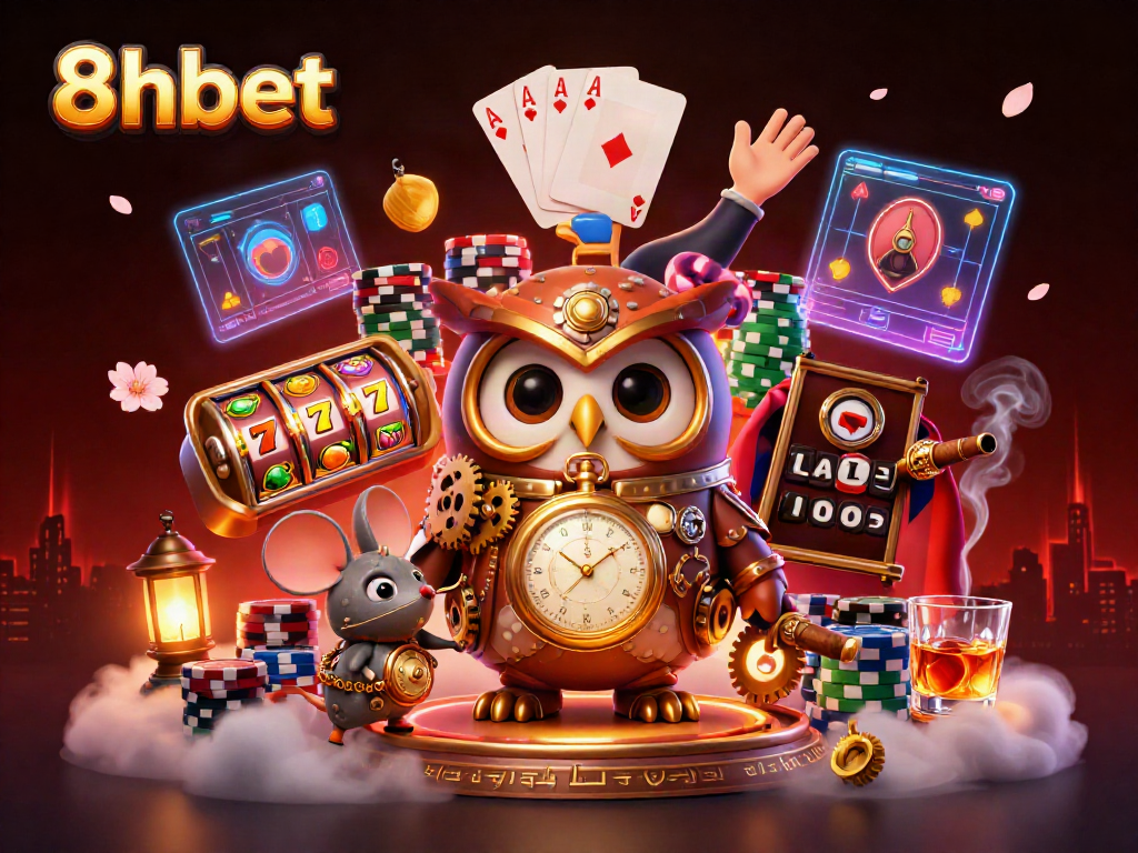 Experience thrilling games of 8xbet with a vibrant casino scene featuring a steampunk owl.