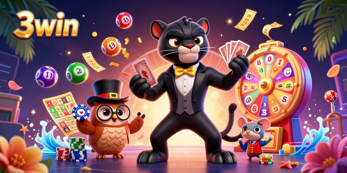 3win showcases a lively casino scene featuring a cartoon panther dealing cards amidst colorful game elements.