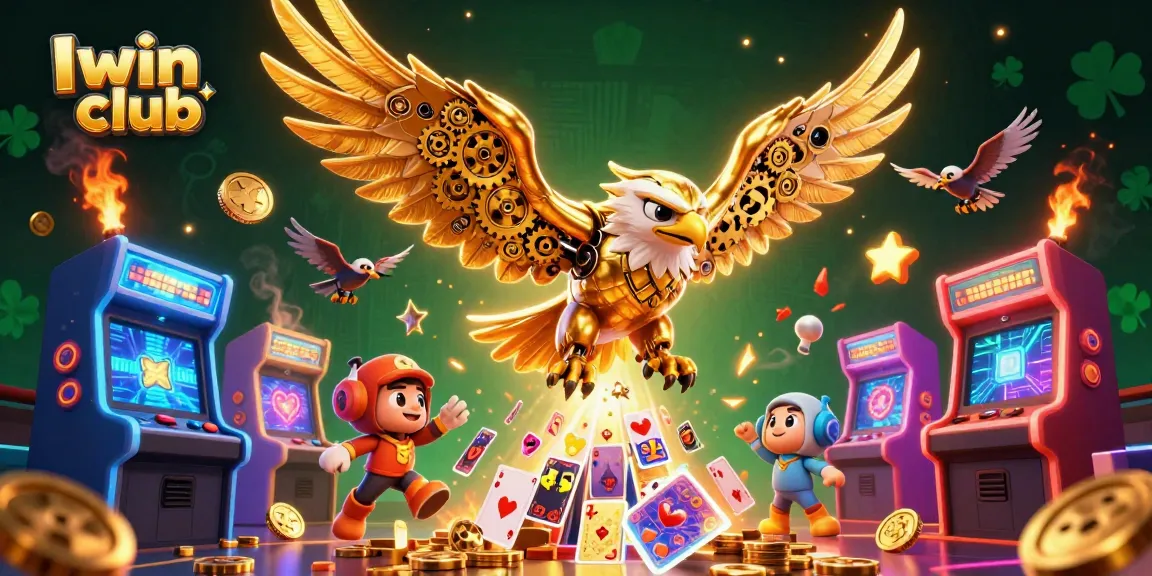 Experience the thrill of Iwin club with a golden eagle soaring through holographic cards.