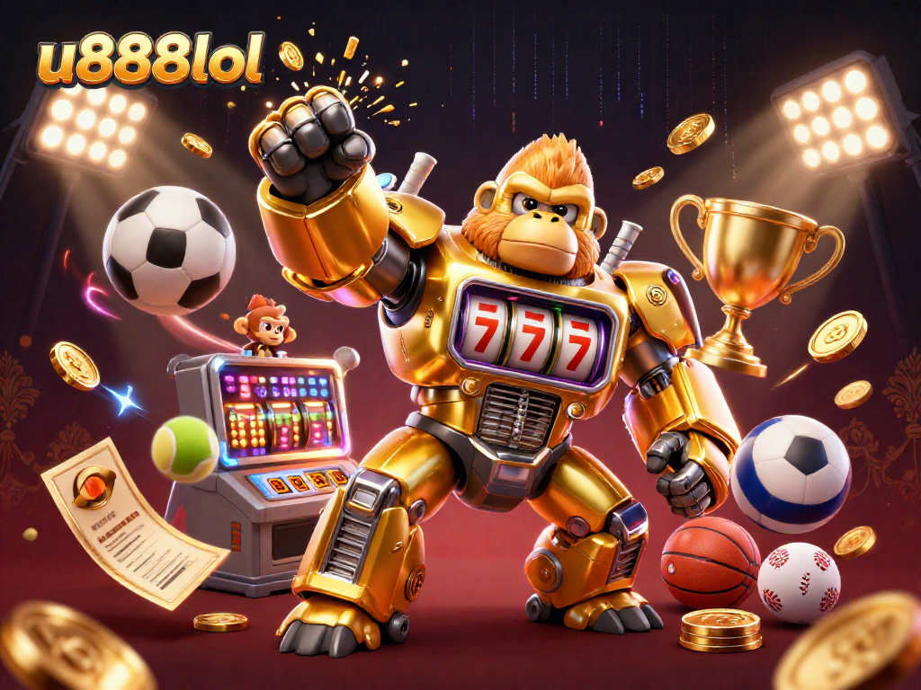 Experience the thrill of winning at u888lol with a dynamic 3D cartoon illustration featuring a gorilla mech.