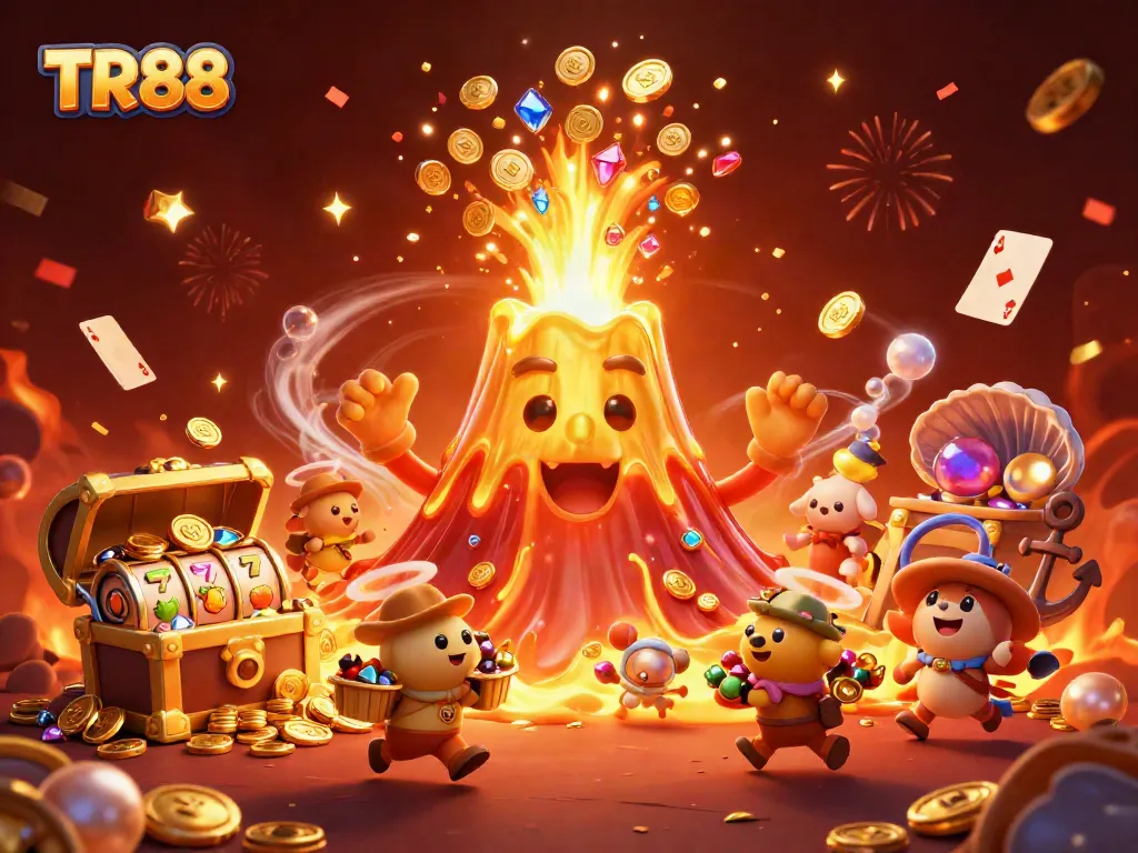 Spin the reels at TR88 and win treasures from vibrant volcano-themed casino illustration.