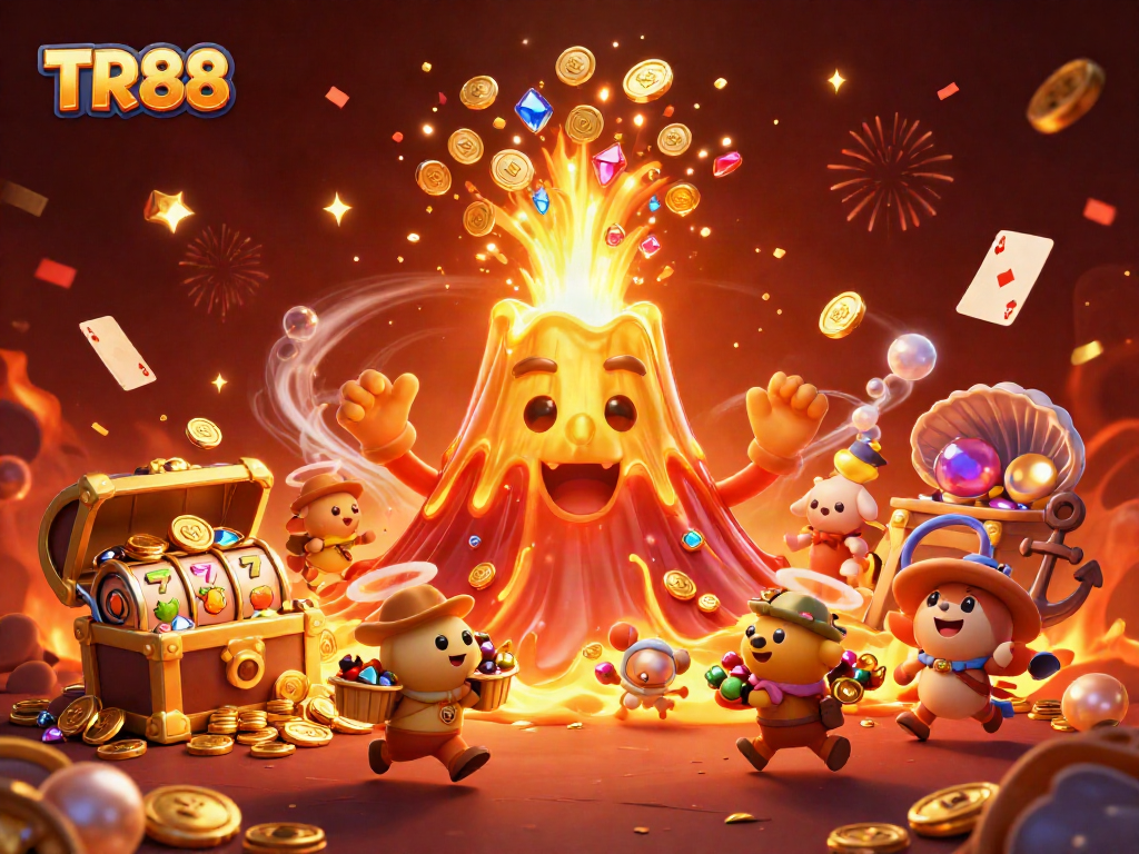Spin the reels at TR88 and win treasures from vibrant volcano-themed casino illustration.