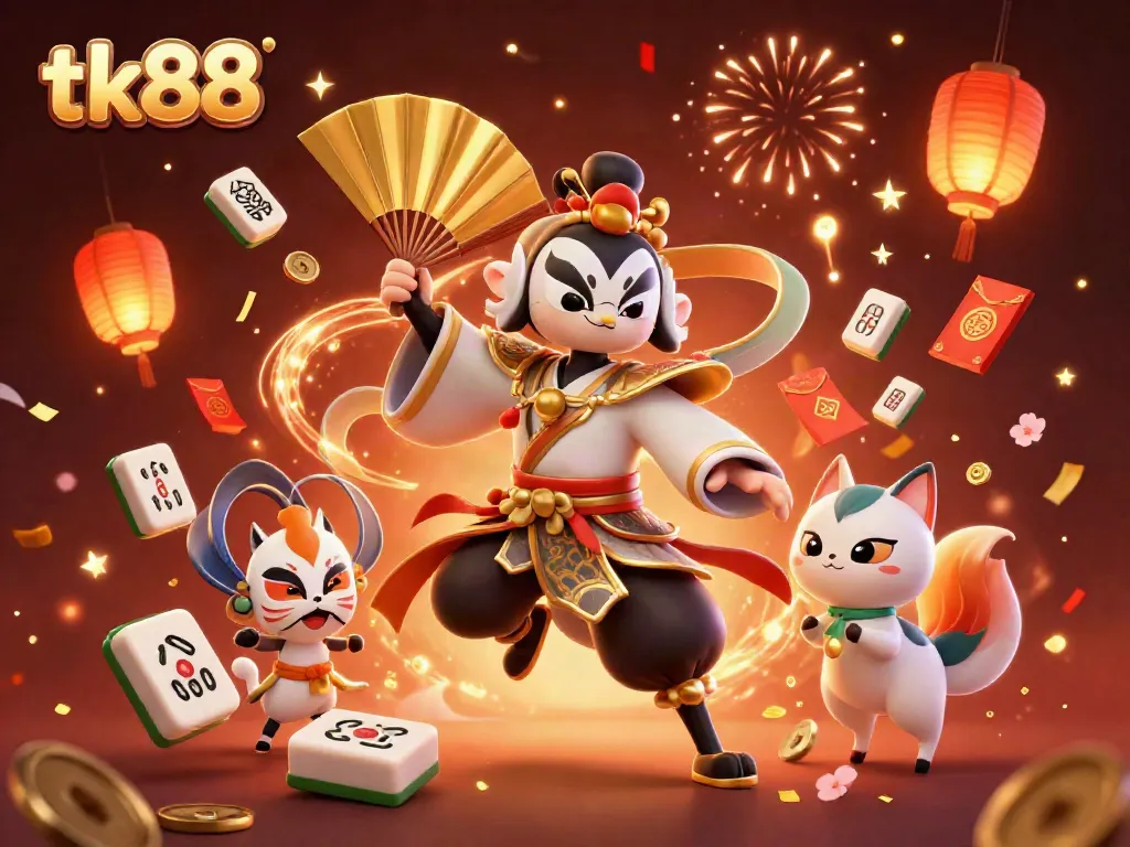 Engage with tk88 casino excitement featuring a kabuki warrior and floating gaming elements.