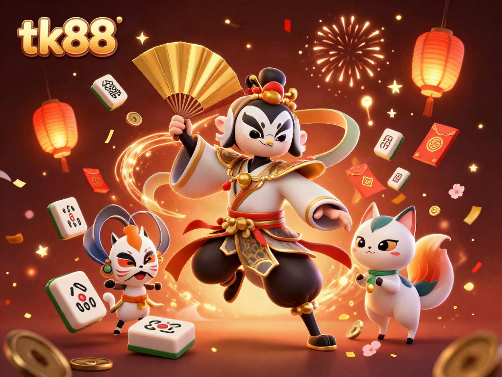Engage with tk88 casino excitement featuring a kabuki warrior and floating gaming elements.