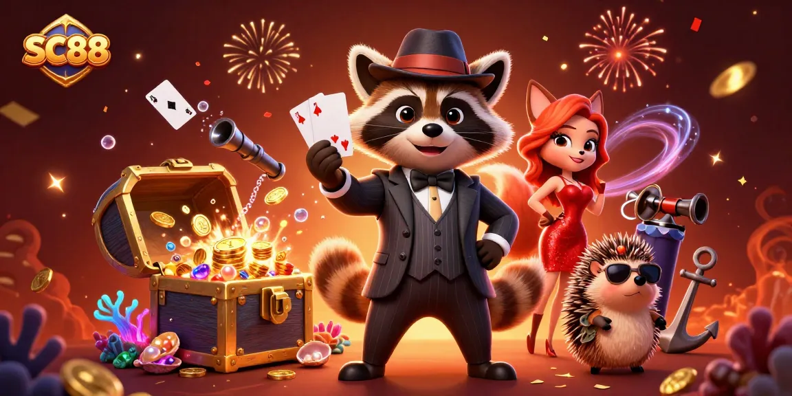 Experience the thrill of SC88 with a suave raccoon and charming fox amidst winning treasures and colorful casino elements.