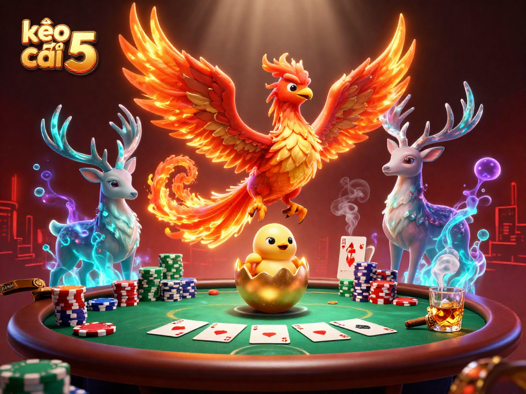 Engage in winning strategies with kèo nhà cái 5 across a stunning casino scene featuring a phoenix and poker elements.