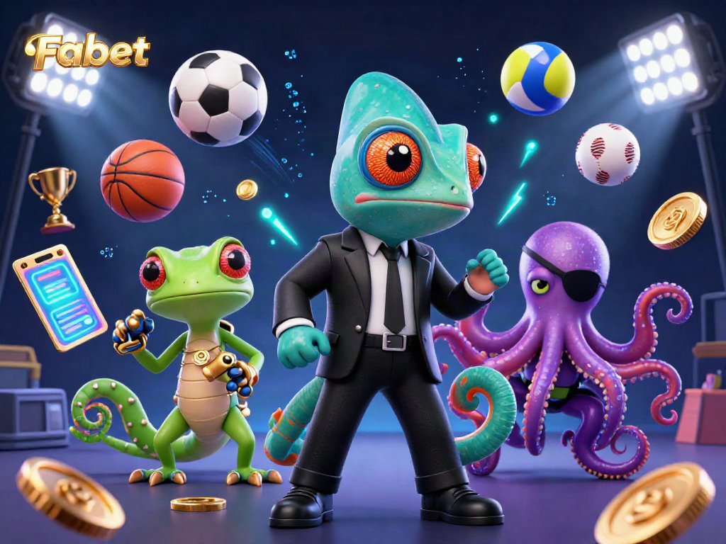 Experience thrilling gaming excitement with Fabet's engaging characters in a vibrant casino scene.
