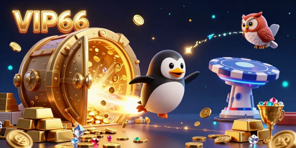 Experience the thrill of VIP66 as a golden penguin rockets through space towards a casino chip station.