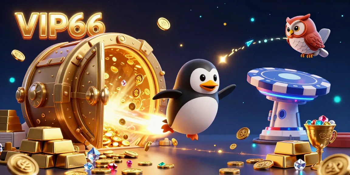 Experience the thrill of VIP66 as a golden penguin rockets through space towards a casino chip station.