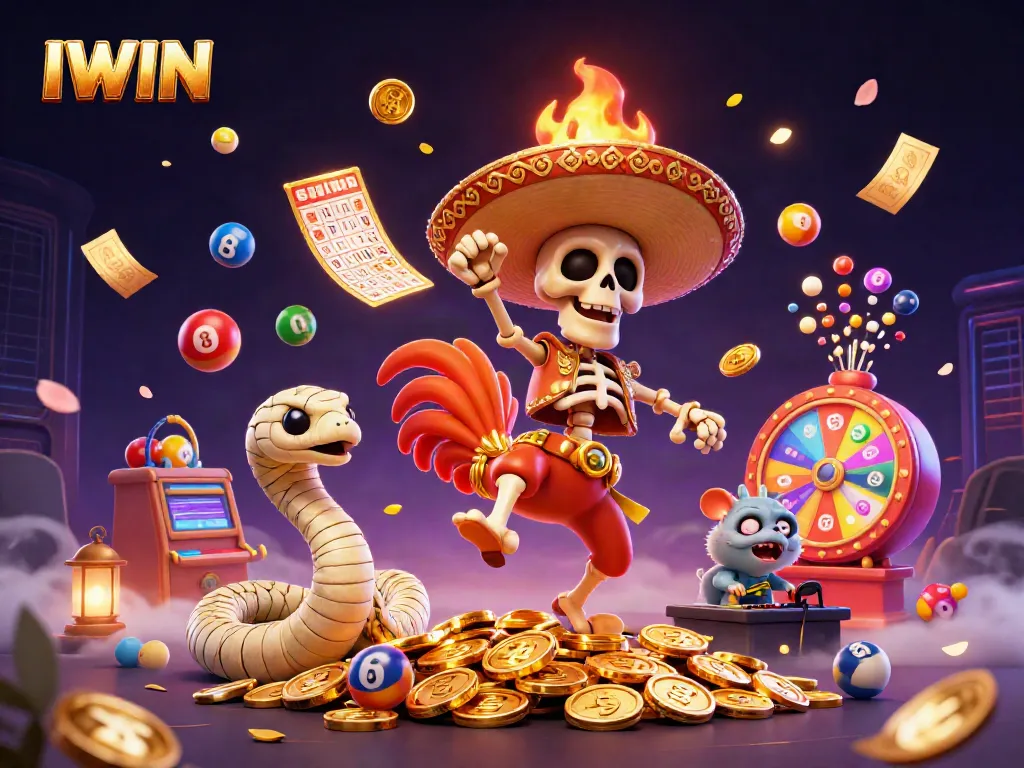 Experience IWIN's dynamic victory dance of a skeleton mariachi, mummy snake, and DJ in a vibrant casino scene.