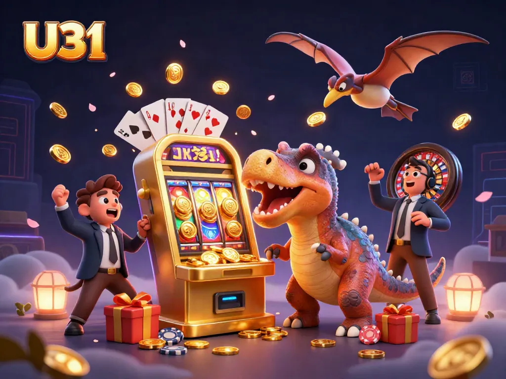 U31 adventure unfolding as a vibrant pachycephalosaurus hits the jackpot with a slot machine, capturing casino excitement.