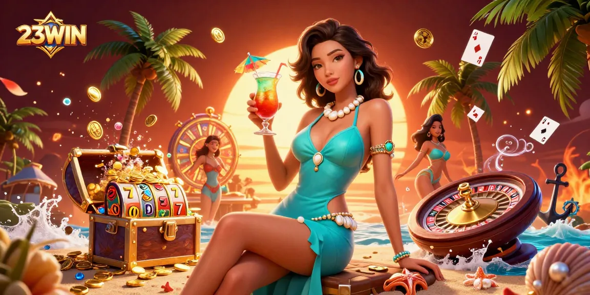 Experience the thrill of 23WIN with vibrant casino elements and glamorous scenes.