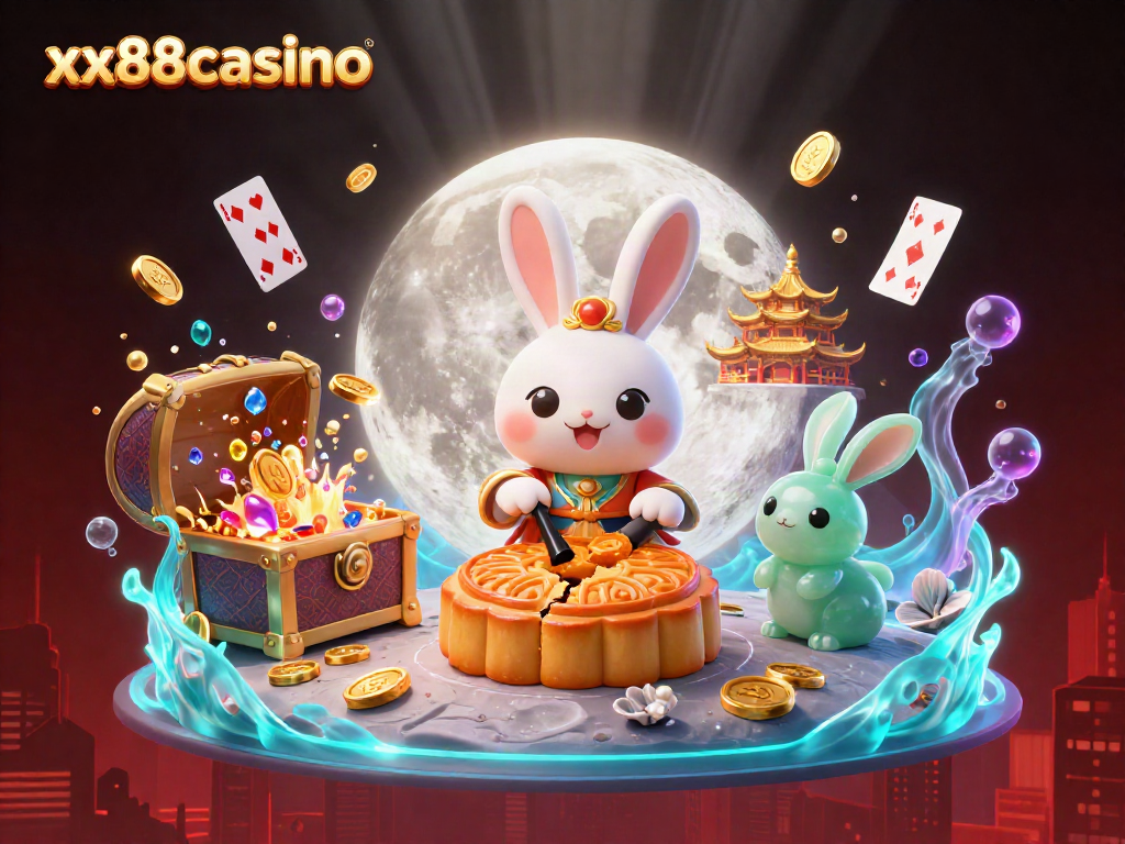 Experience thrilling gameplay with xx88casino as the moon rabbit reveals poker chips inside golden mooncakes.