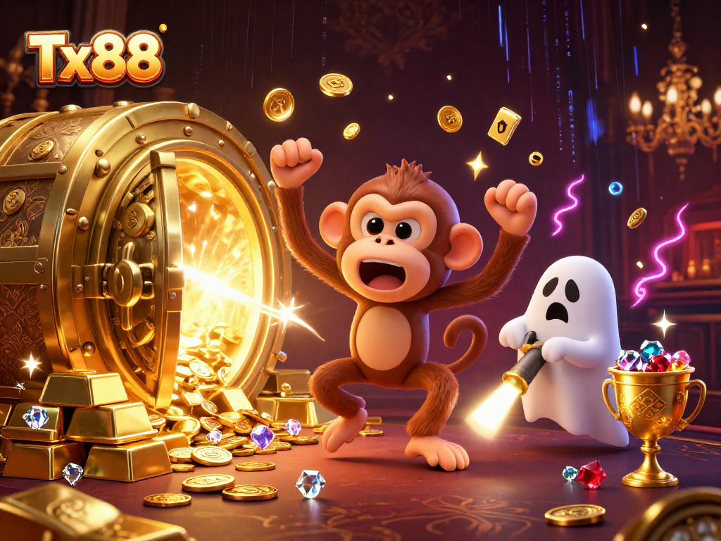 Tx88 experiences lively action in a haunted casino with golden coins and gems swirling around.