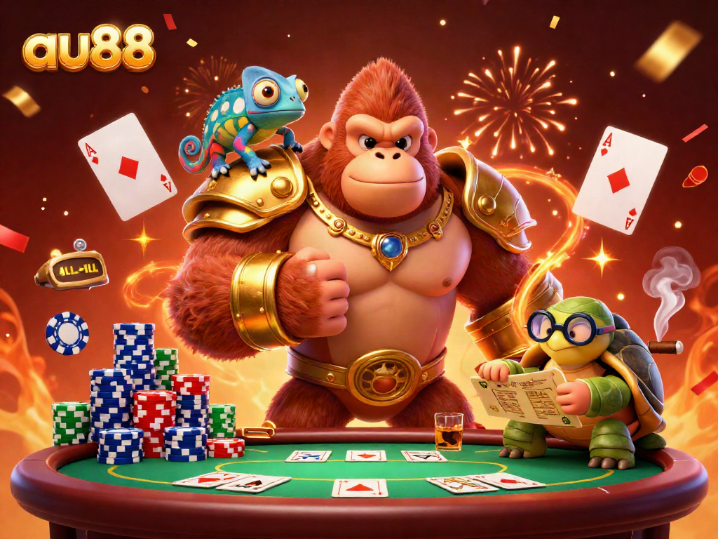 Experience the thrilling world of au88 with a powerful gorilla king, chameleon spy, and tortoise elder amidst vibrant casino elements.