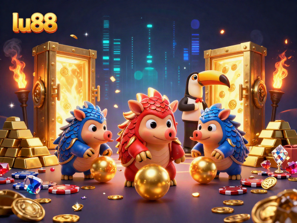 Rival pangolins compete in a dynamic lu88 gaming scene filled with golden treasures and poker chips.