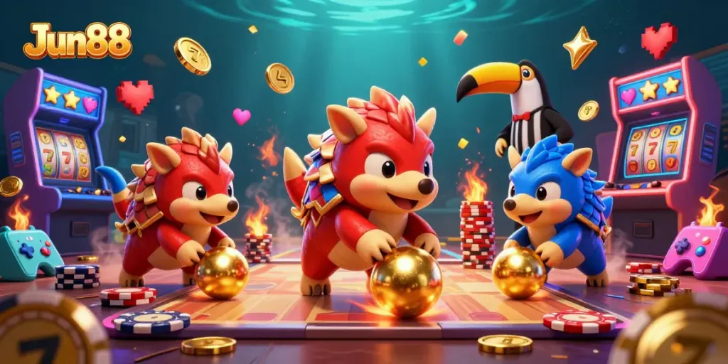 Experience the excitement of Jun88 with rival pangolins bowling through golden slots and poker chips in a vibrant casino scene.