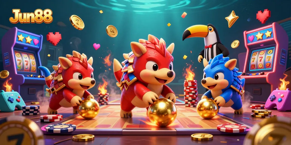 Experience the excitement of Jun88 with rival pangolins bowling through golden slots and poker chips in a vibrant casino scene.