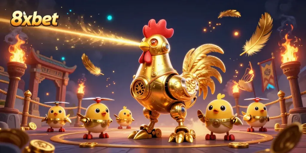 Engage with the dazzling world of 8xbet, featuring a golden rooster robot and baby chick drones in a vibrant casino atmosphere.
