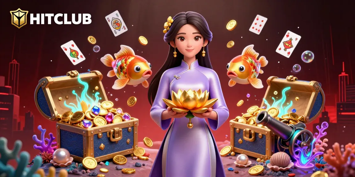 Win big with HITCLUB in this vibrant underwater casino illustration featuring games and treasures.