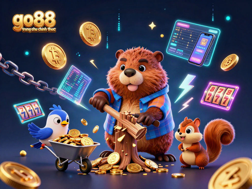 Experience go88 trang chu chinh thuc with cartoon characters enjoying dynamic casino fun and gold coins raining down.