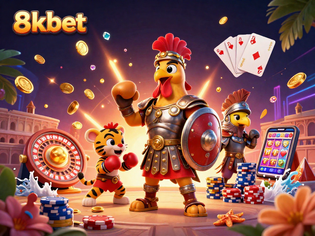Experience the thrill of 8kbet with 3D gladiator rooster, casino excitement, and vibrant gameplay elements.