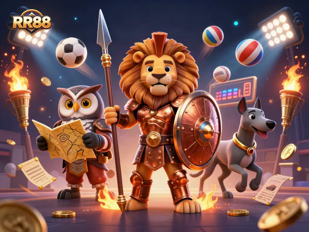 Engage in thrilling betting action at RR88 with dynamic sports elements and vibrant characters.