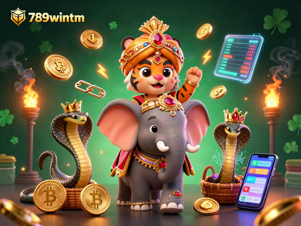 Engage with 789wintm in a vivid 3D illustration of a maharaja tiger, elephant, and crypto elements.