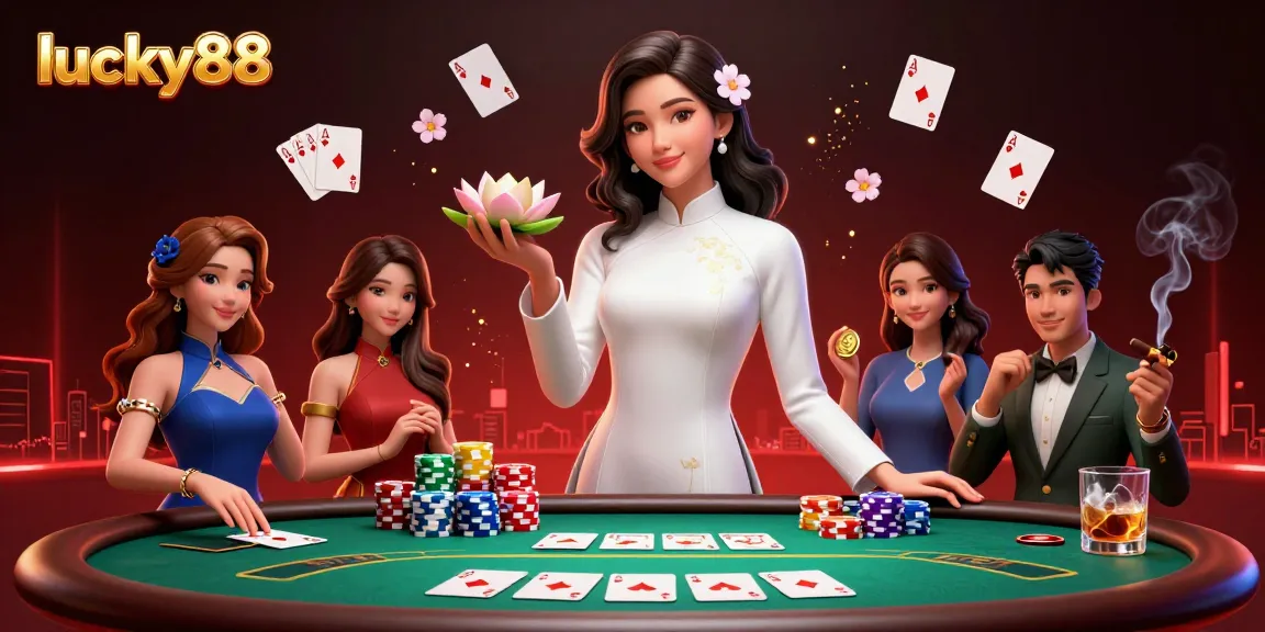 Experience the excitement of lucky88 with a vibrant casino scene filled with poker elements.