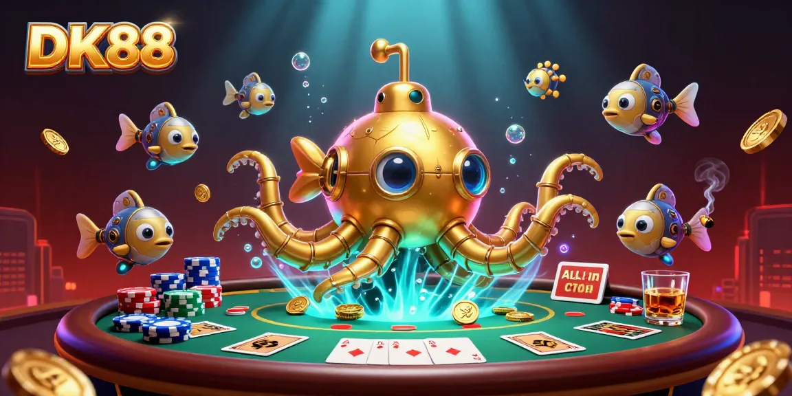 Witness the excitement of DK88 with a golden kraken submarine amidst poker elements and coins.